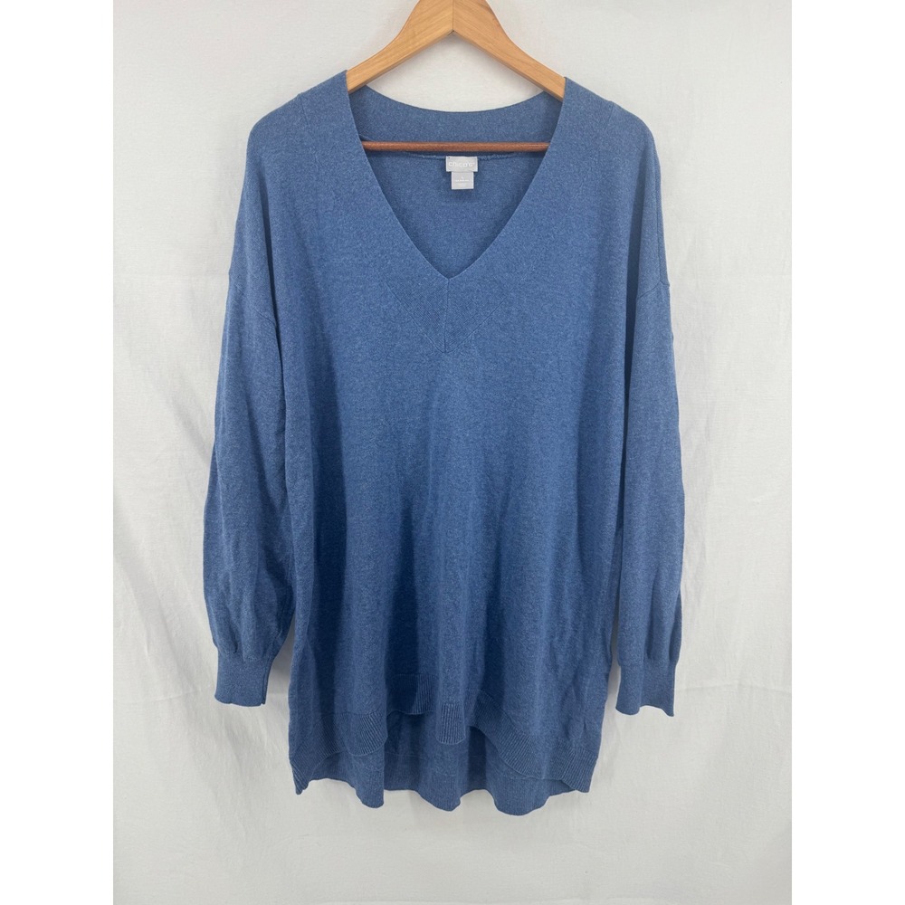 Chicos Blue V-Neck Cashmere Blend Sweater Size 4 XXL Oversized High Low Knit